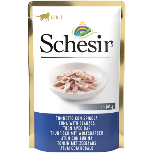Schesir
      
      
       Kesica za mačke s tunjevinom i brancinom, u želeu, 85g
