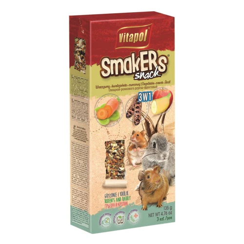 Vitapol
      
      
      OUTLET  Smakers Štapići za glodare 3u1 Mix1 Povrće/Rogač/Voće 3kom, 135g