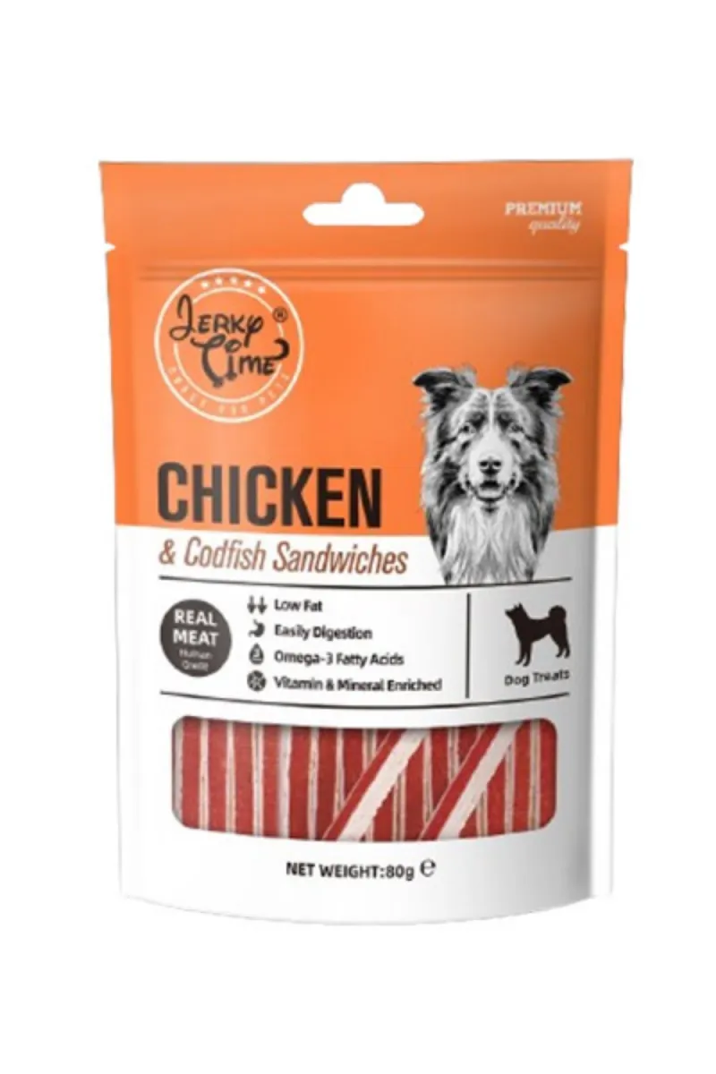 JERKYTIME POSLASTICA ZA PSE U OBLIKU SENDVI?A - PILETINA I BAKALAR 80G