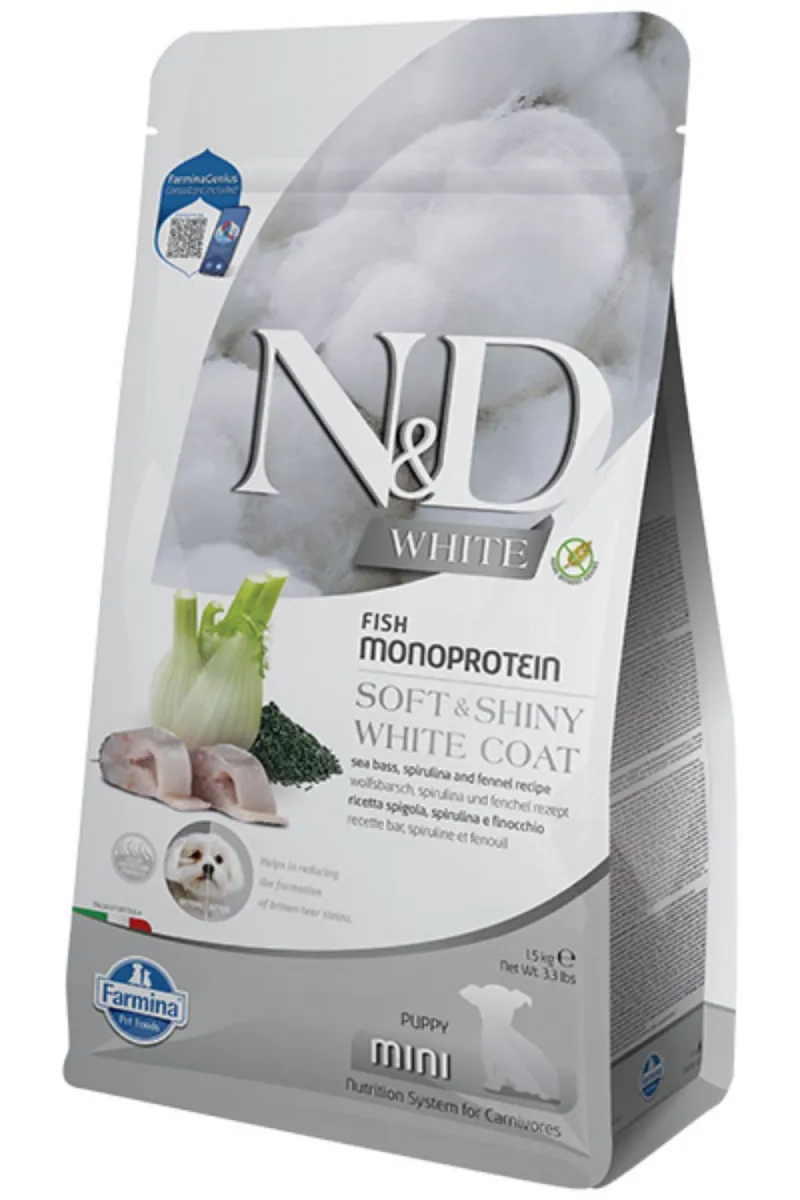 N&D WHITE DOG PUPPY MINI SEA BASS, SPIRULINA & FENNEL 1,5KG