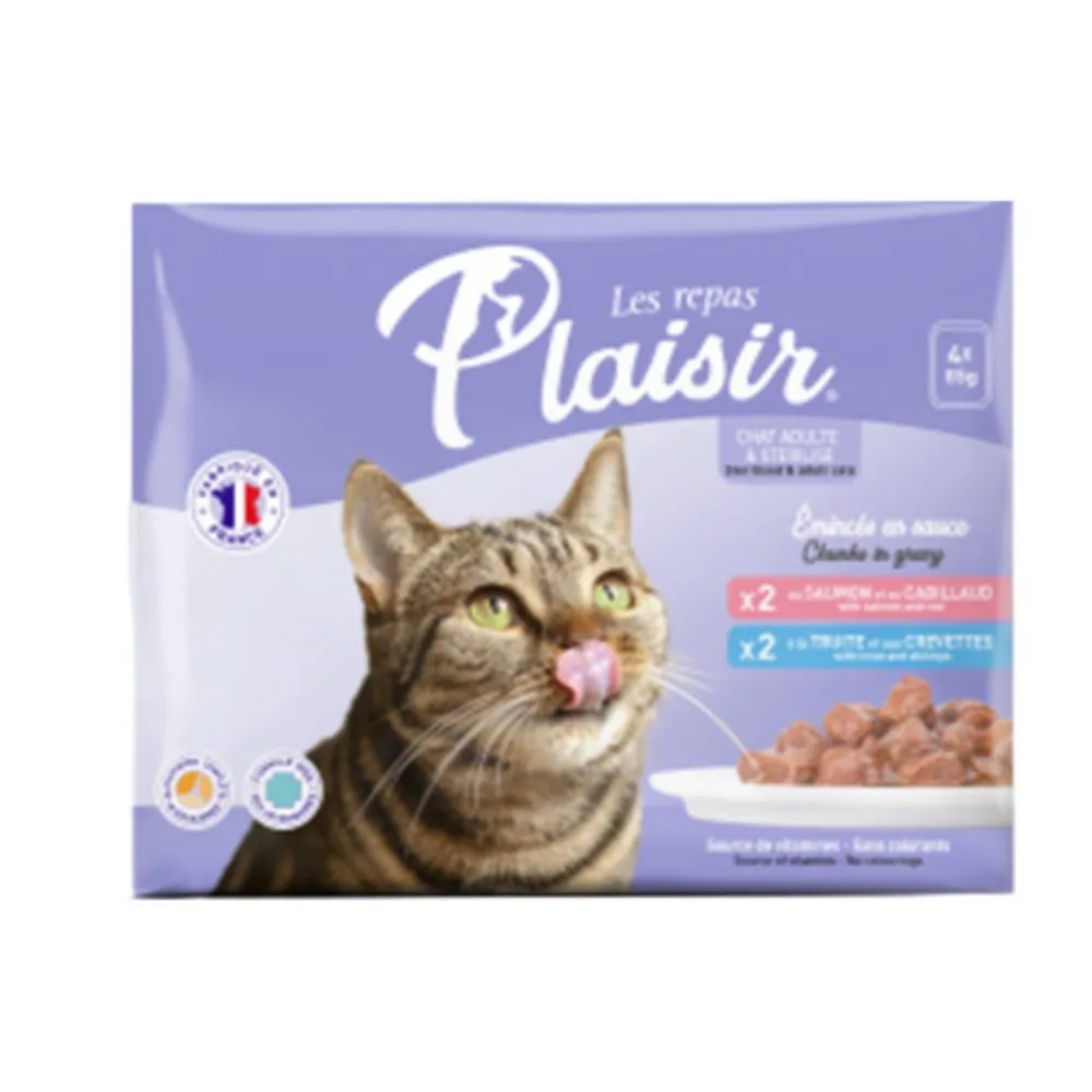 Plaisir Komadici lososa x 2  i komadici pastrmke  x 2 u sosu   sosici za macke 4 x 85 g