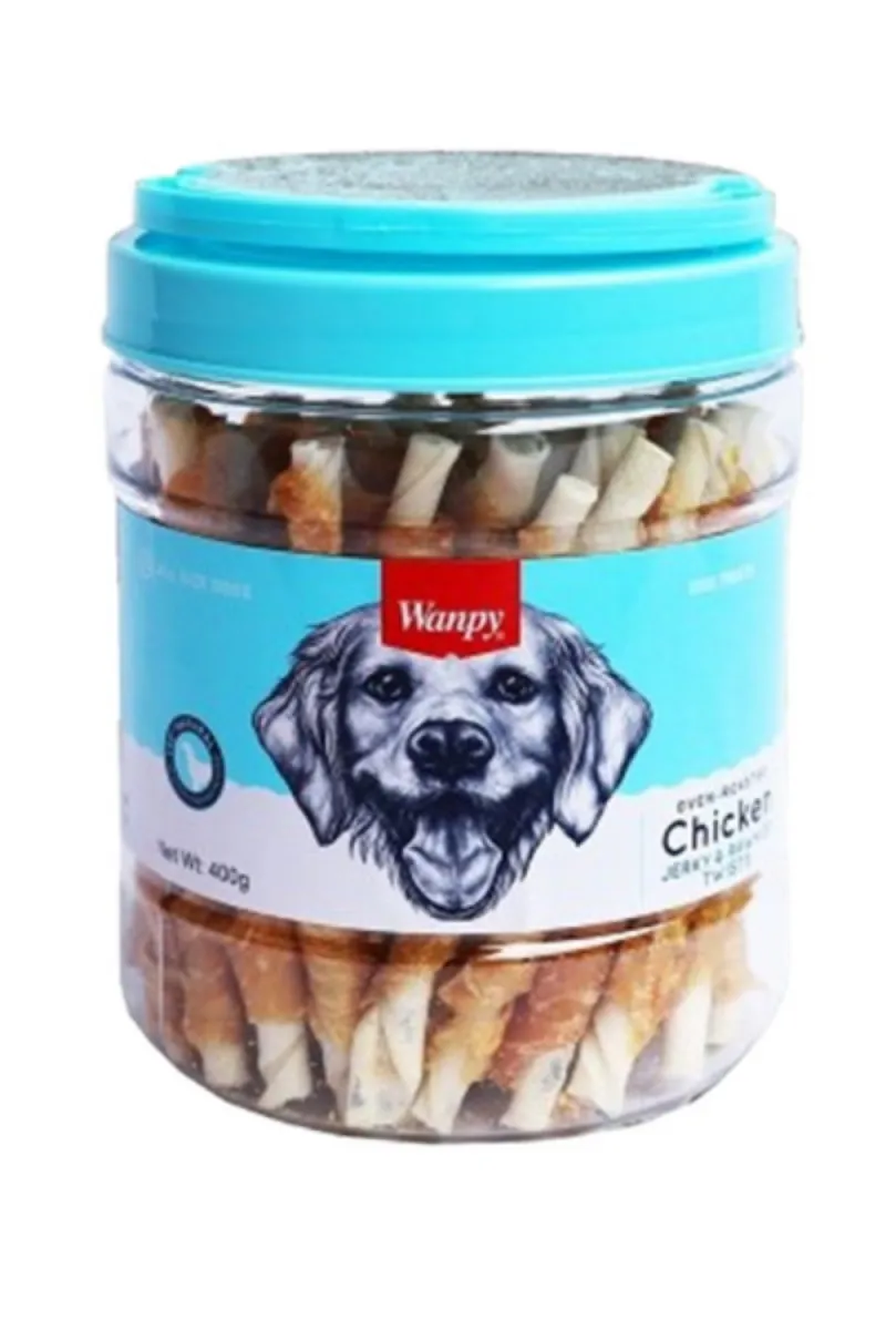 WANPY CHICKEN JERKY & RAWHIDE TWISTS JAR 400G