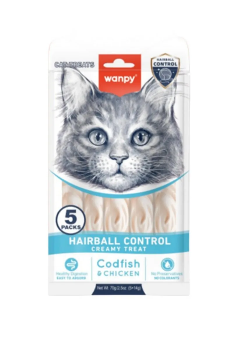 WANPY HAIRBALL CONTROL FUNCTIONAL CREAMY LICKABLE CAT TREAT CODFISH & CHICKEN 5X14G