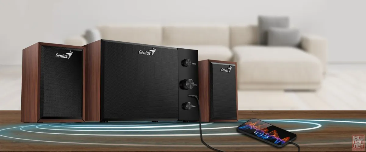 Genius SW-2.1 350 Wood, 2.1 speaker system, 15 W (Subwoofer: 8W / Satellites: 3.5 W x2), 3.5mm