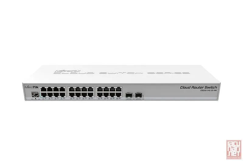 MikroTik CRS326-24G-2S+RM, 24x Gigabit port switch with 2x SFP+ cages in 1U rackmount case, 800MHz CPU, 512MB RAM, Dual boot feature RouterOS/SwitchOS