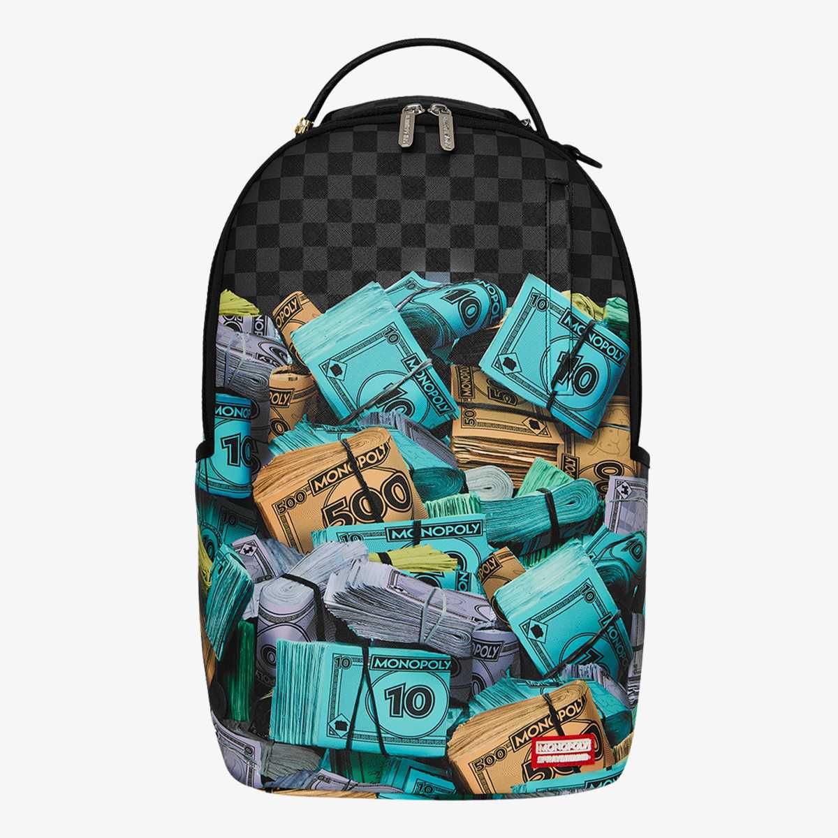 Monopoly money stacks backpack