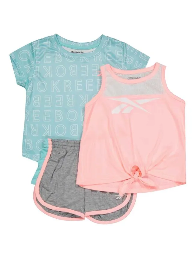 Reebok set za devojcice sorc i dve majice, tirkizni sivo roze