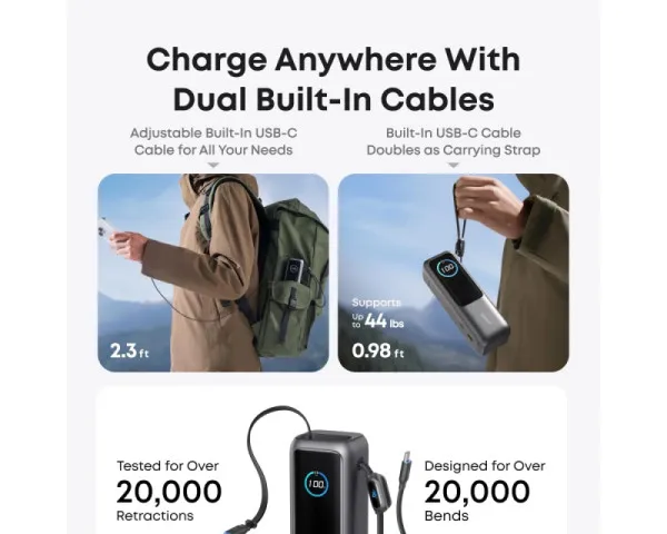 ANKER 25000mAh, 165W, sa ugrađenim USB-C kablom na izvlačenje, Po...