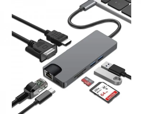 E-GREEN Adapter USB 3.1 Tip C (M) - HDMI+VGA+2X 3.0 USB + tip C + S...