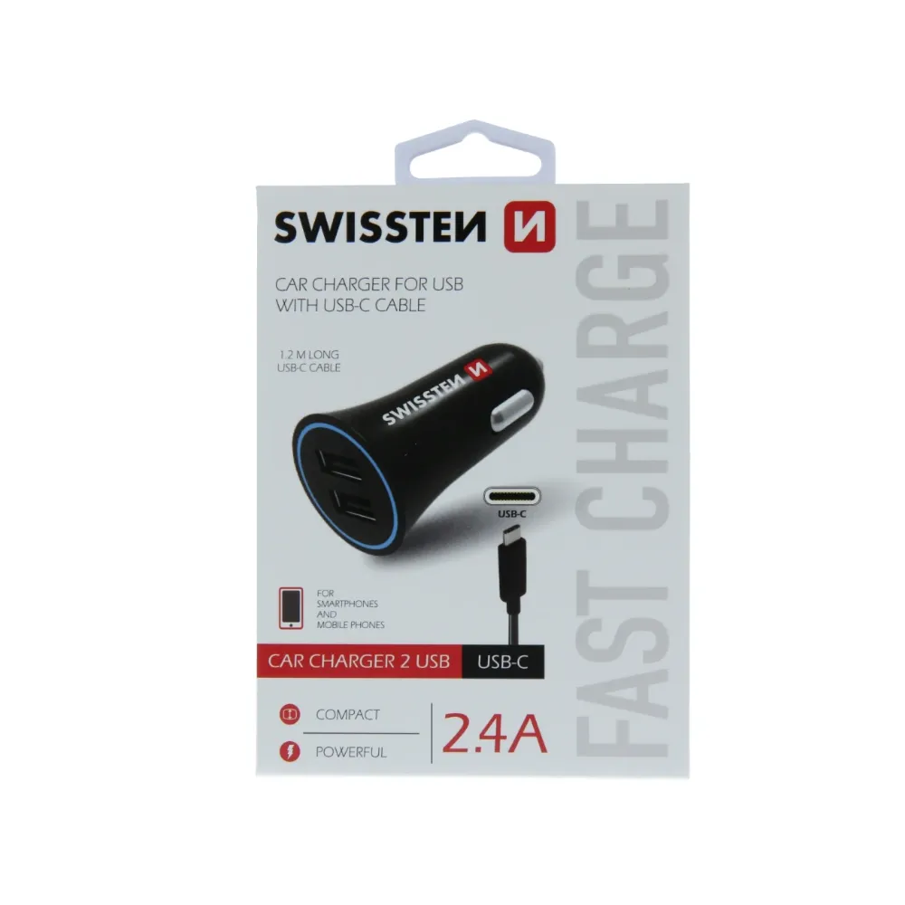 Swissten Auto punjač 2 x USB2.4A + USB-C