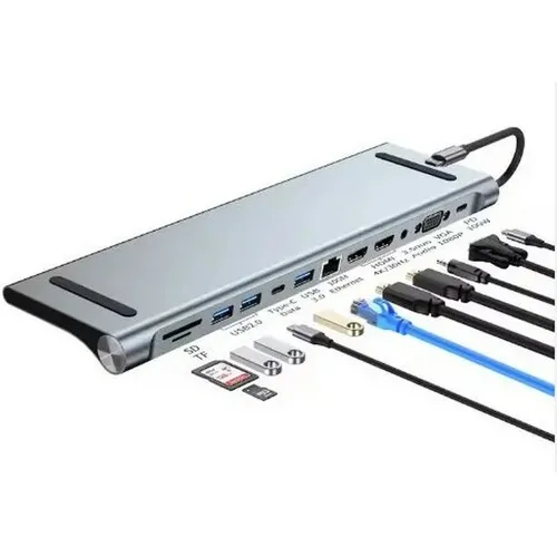 E-GREEN Adapter USB 3.1 tip C (M) - 2 x HDMI + VGA + 3 x USB 3.0 + 2 x tip C + RJ45 (F) + SD / TF + PD 100W (12 u 1)