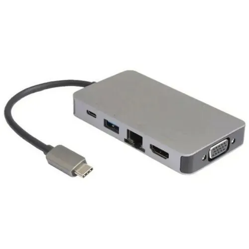 E-GREEN Adapter USB 3.1 tip C (M) - HDMI+VGA + 2 x USB3.0 + RJ45 + tip C (F) sivi