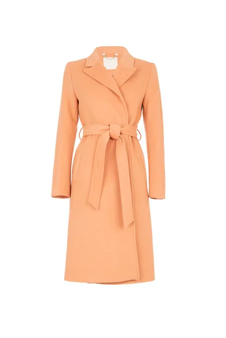 Ženski kaput na preklop sa kaišem i prednjim džepovima