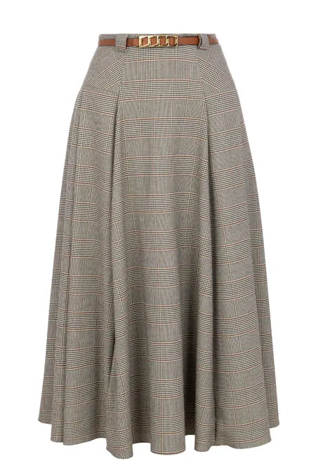 Karirana midi suknja sa kontrastnim pojasom