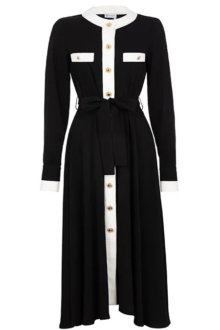 Midi haljina sa pojasom i ukrasnim dugmićima