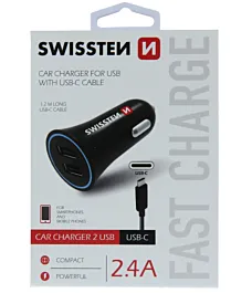Swissten Auto punjač 2 x USB2.4A + USB-C