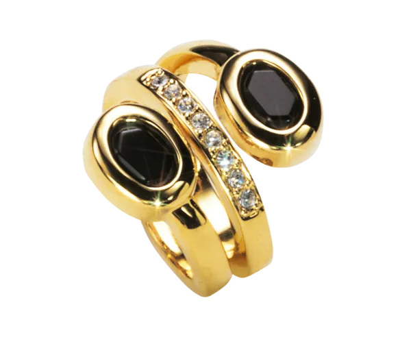 RING,GOLD PLATED with JET & CRYSTAL, Size 6